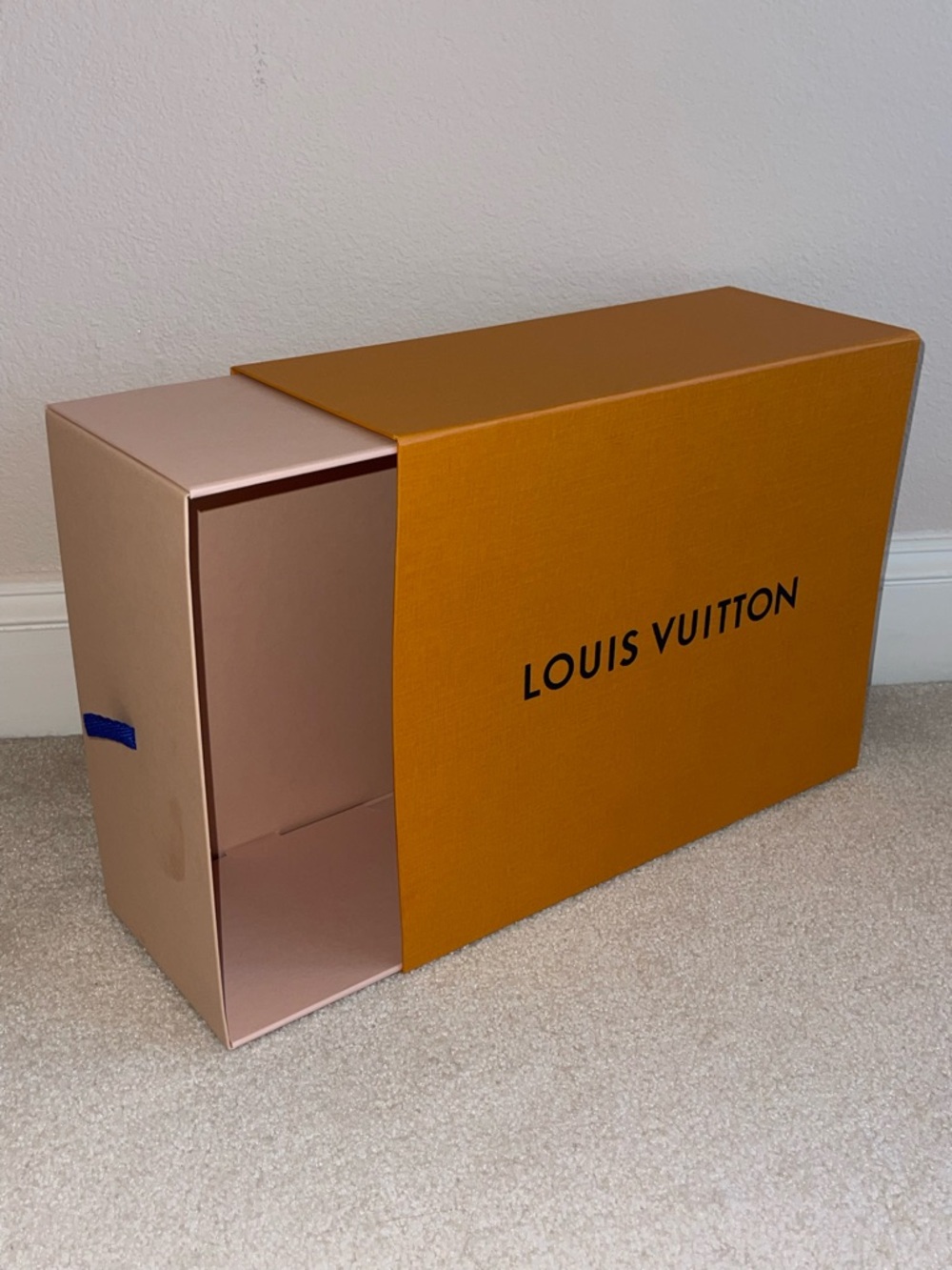 Louis Vuitton Orange Branded Slide Box with Blue Pull